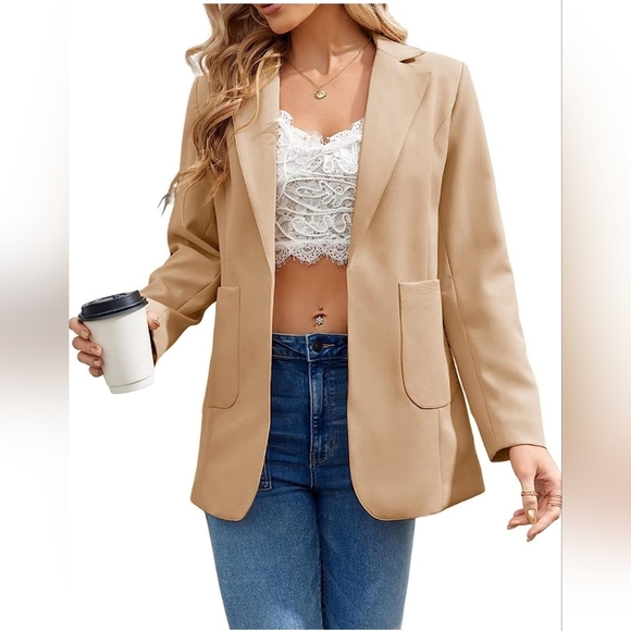 NewXL Nude Casual Blazers Open Front Long Sleeve Lapel Collar Work Office Jacket - Picture 3 of 12